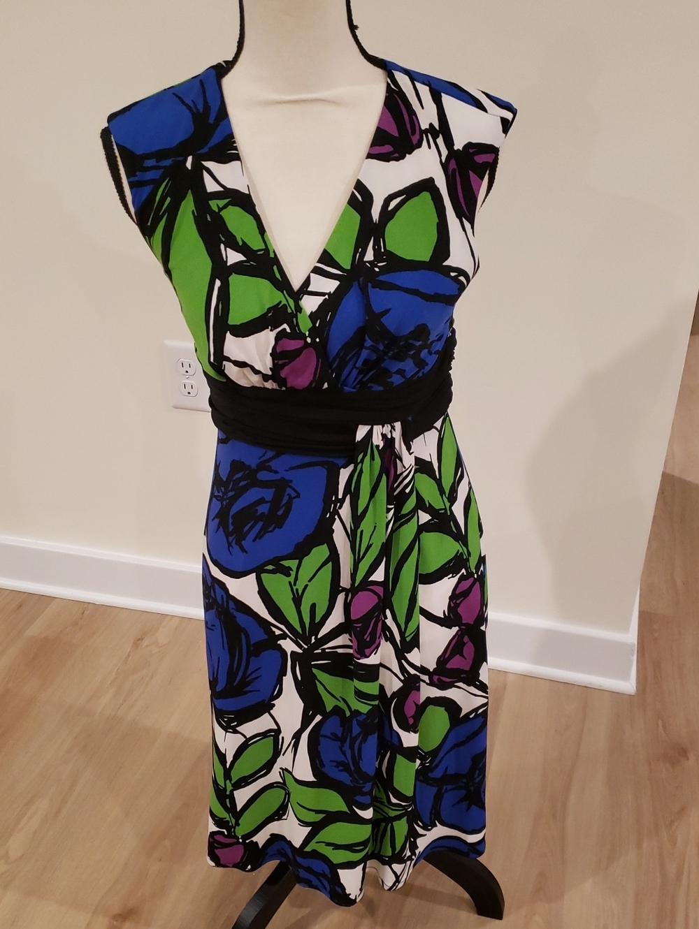 London Times Abstract Floral Dress in Blue, Green, with Black Waistband